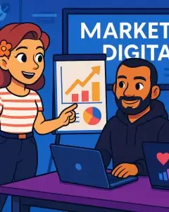 Ilustración que representa servicios de marketing digital para emprendedores, incluyendo gestión de redes sociales, publicidad online, asesorías empresariales y soluciones creativas para el crecimiento de negocios en el entorno digital.